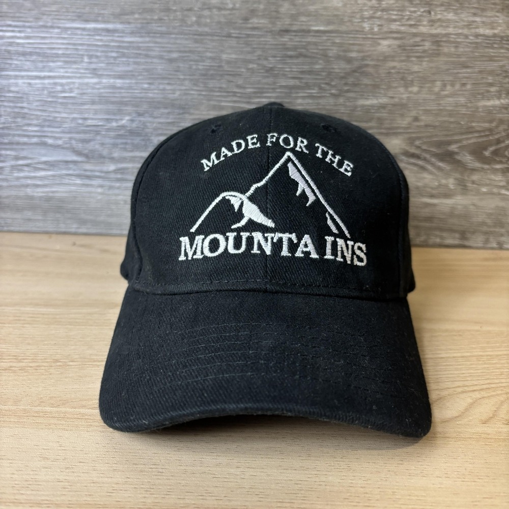 Made For The Mountains Hat Cap Strap Back Black Embroidered Outdoors Mens Hiking